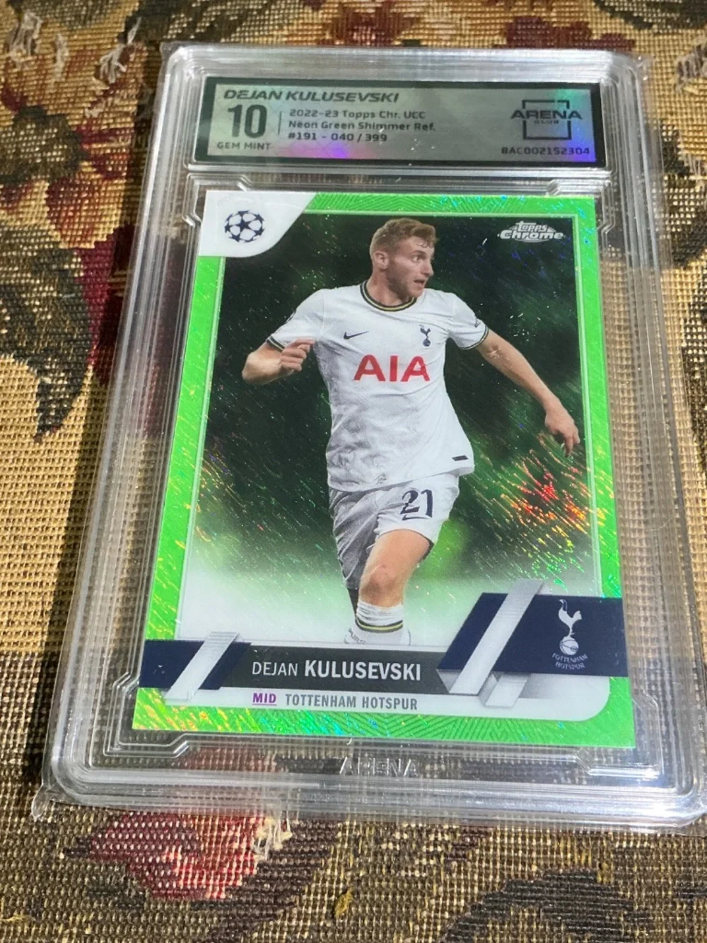 2022 Topps Chrome Dejan Kulusevski #19 Neon Green Shimmer /399 Graded Arena 10